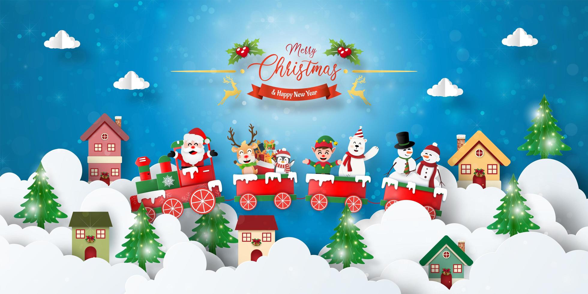 banner de cartão postal de natal do trem de natal com o papai noel e amigos na cidade vetor