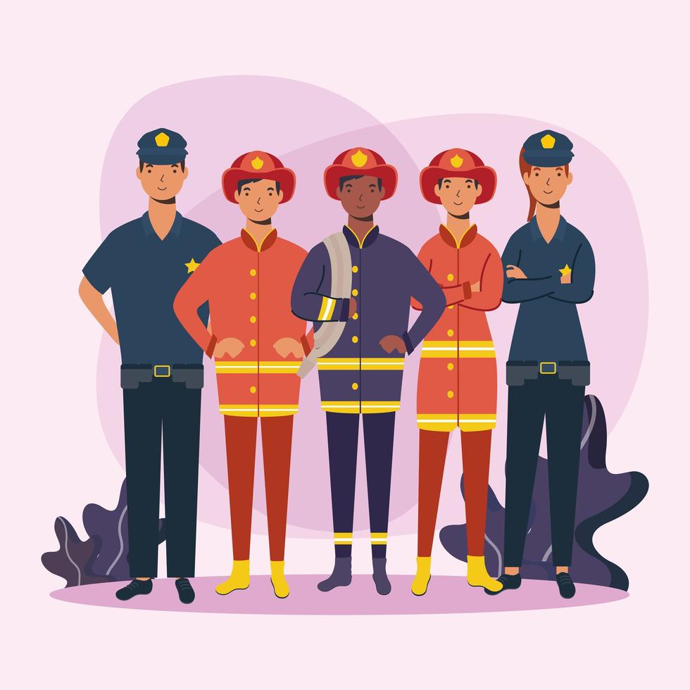 projeto de vetor de bombeiros e policiais homens trabalhadores