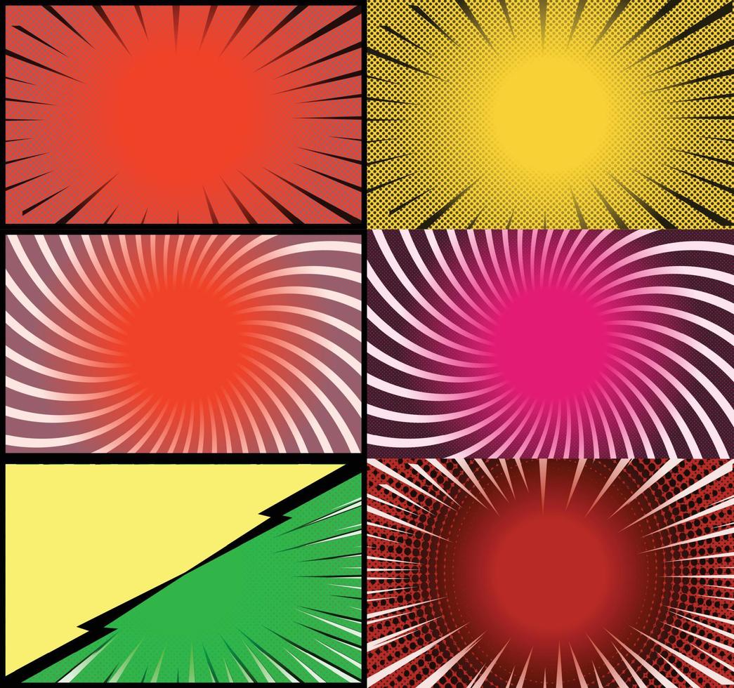 fundo de quadros coloridos de quadrinhos com raios de meio-tom radial e efeitos pontilhados estilo pop art vetor