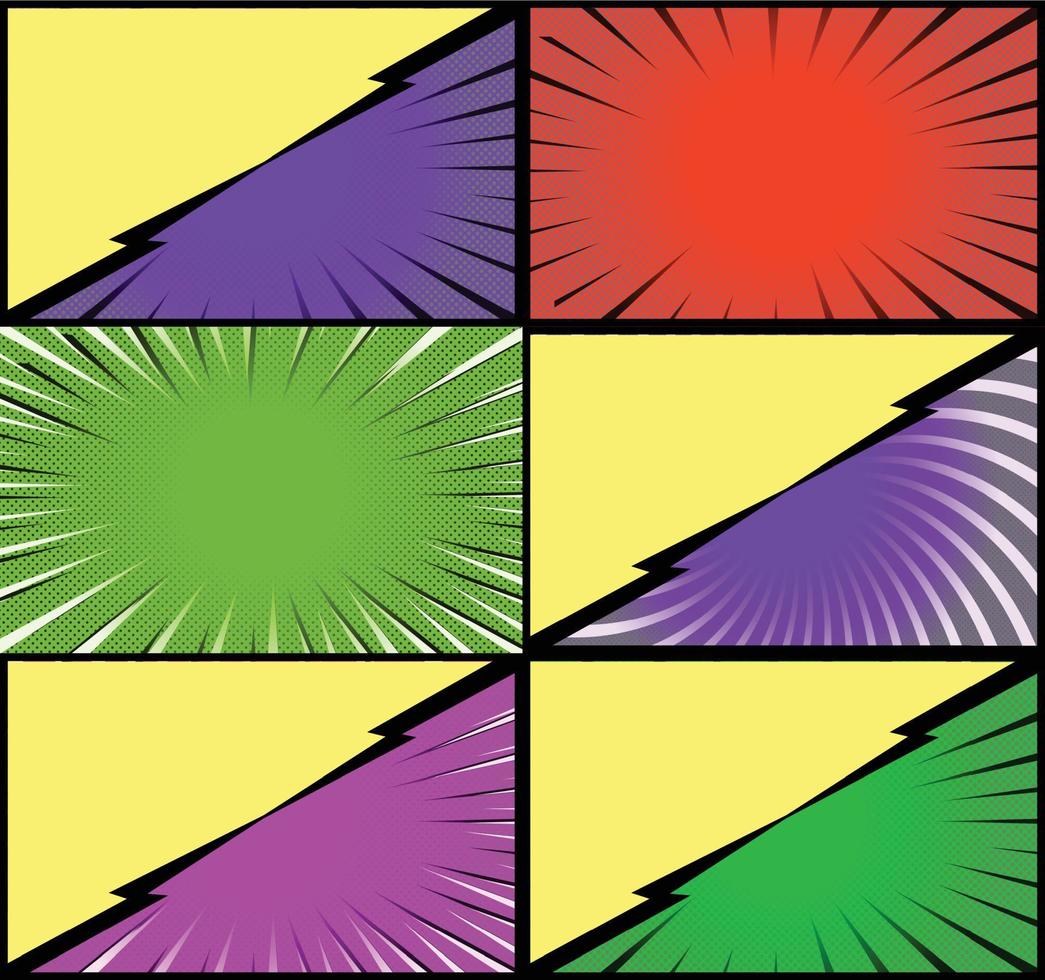 fundo de quadros coloridos de quadrinhos com raios de meio-tom radial e efeitos pontilhados estilo pop art vetor