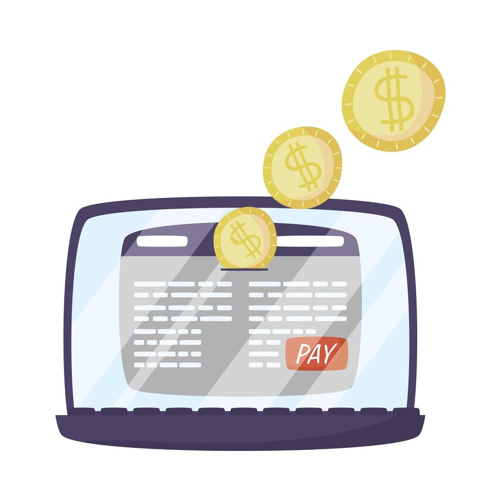 laptop com modelo de página da web e moedas vetor