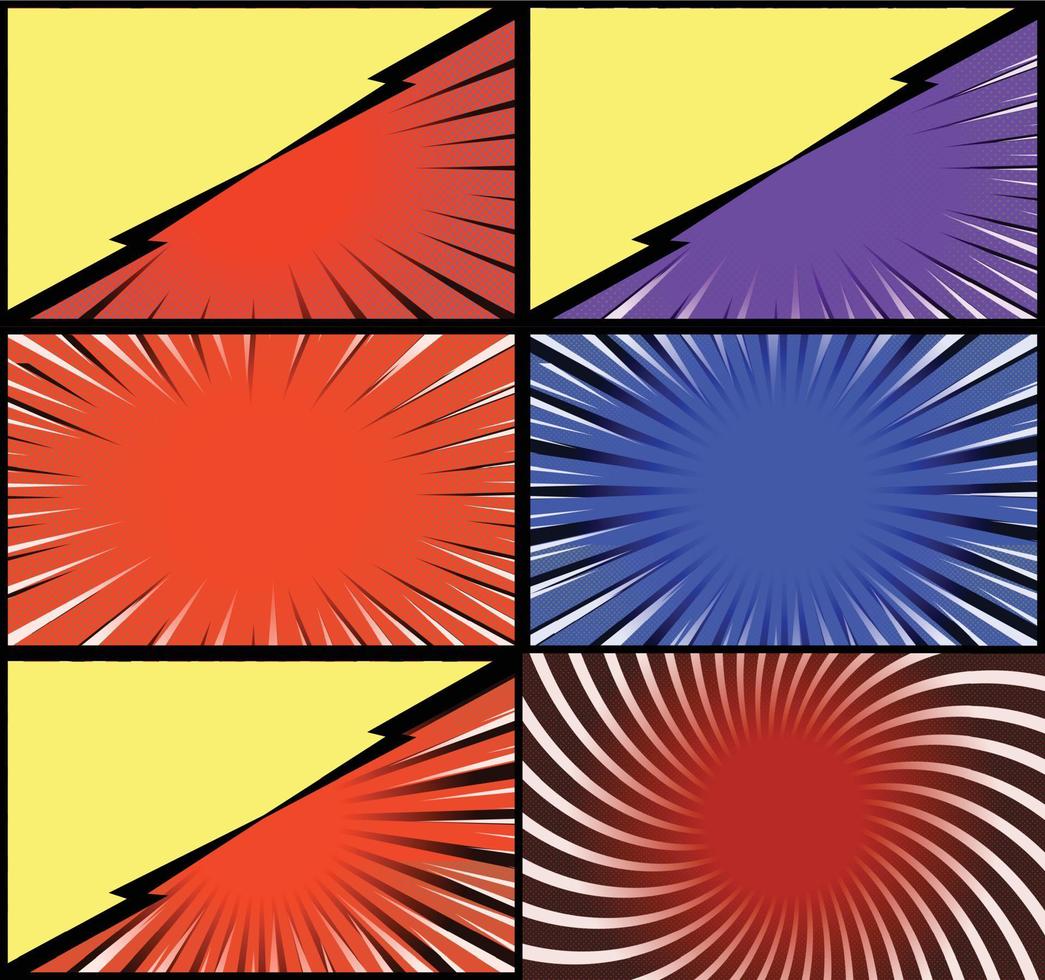 fundo de quadros coloridos de quadrinhos com raios de meio-tom radial e efeitos pontilhados estilo pop art vetor