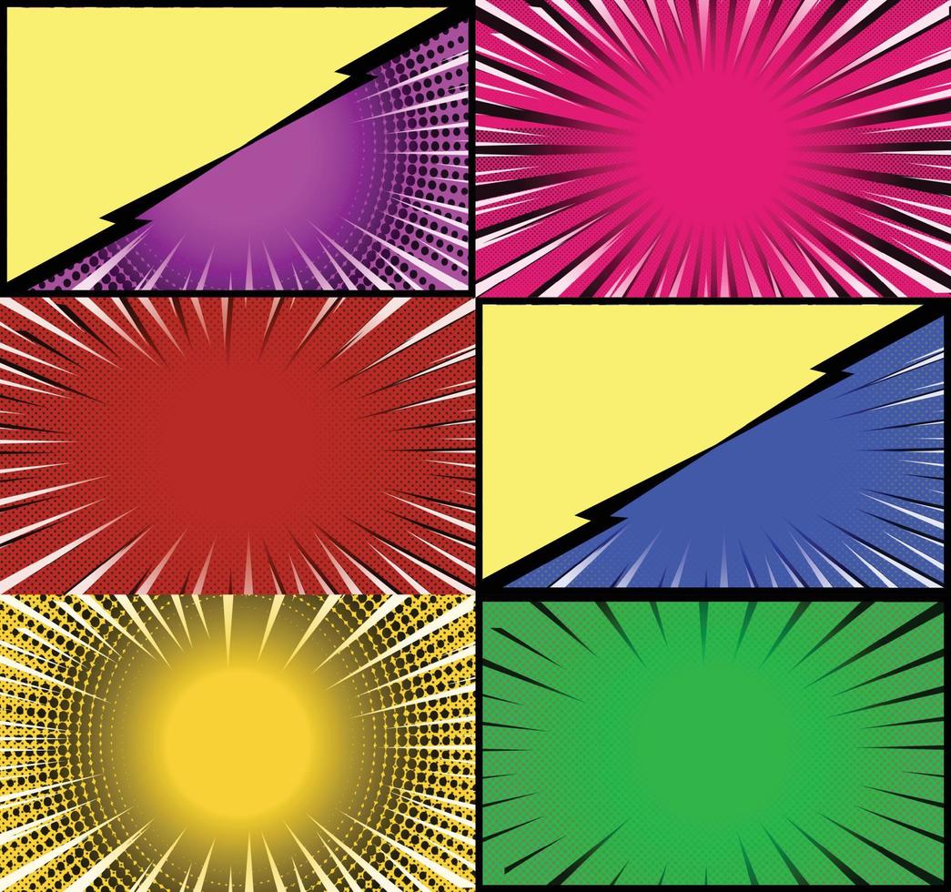 fundo de quadros coloridos de quadrinhos com raios de meio-tom radial e efeitos pontilhados estilo pop art vetor