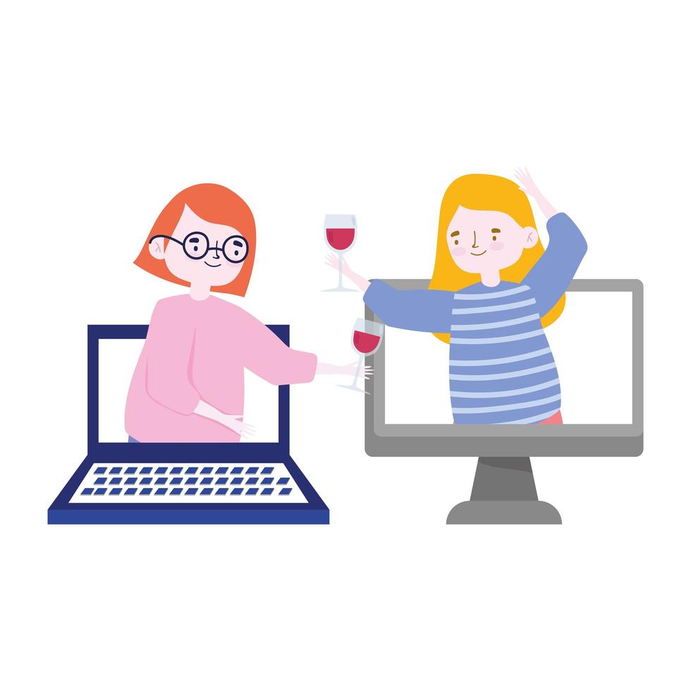 festa online, encontrar amigos, mulheres com taças de vinho comemorando na conexão do computador vetor