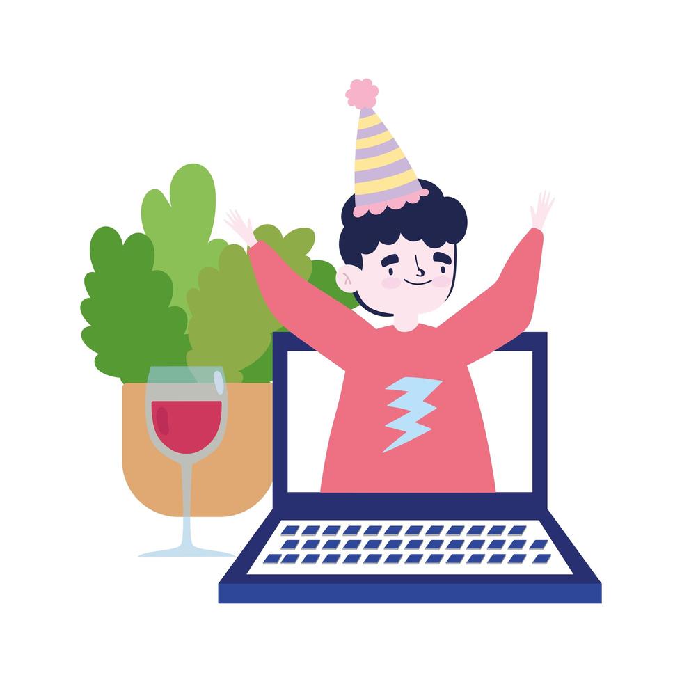 festa online, reunião de amigos, homem no laptop de vídeo comemorando com uma taça de vinho vetor