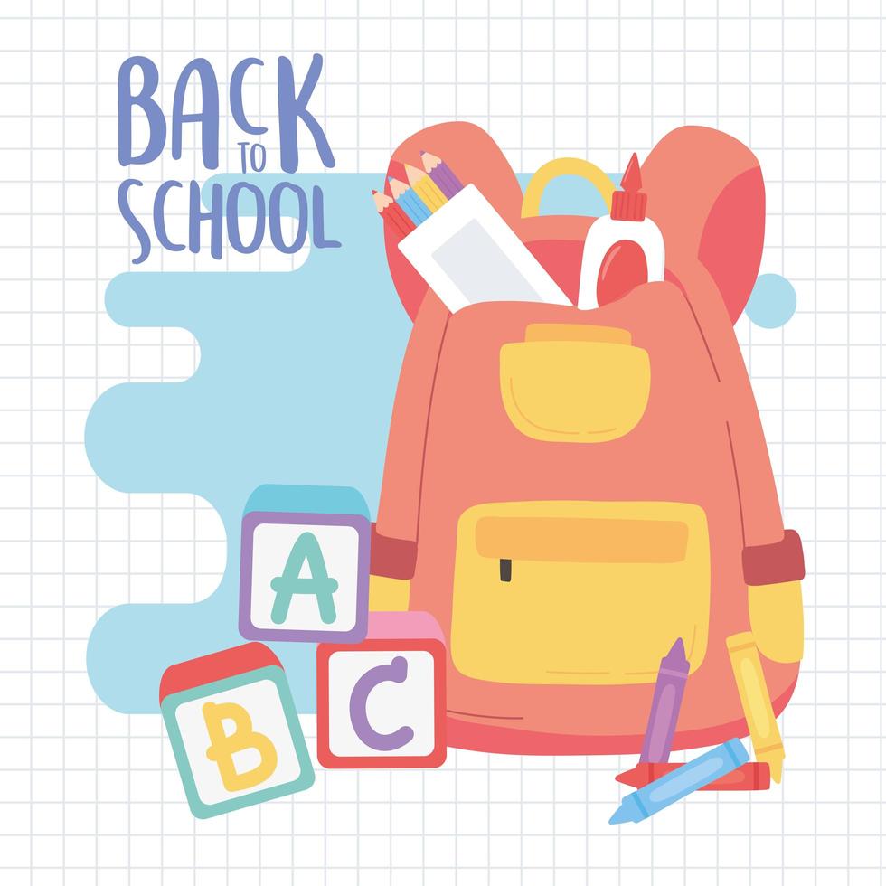 de volta às aulas, mochila cola lápis blocos alfabeto educação desenho animado vetor