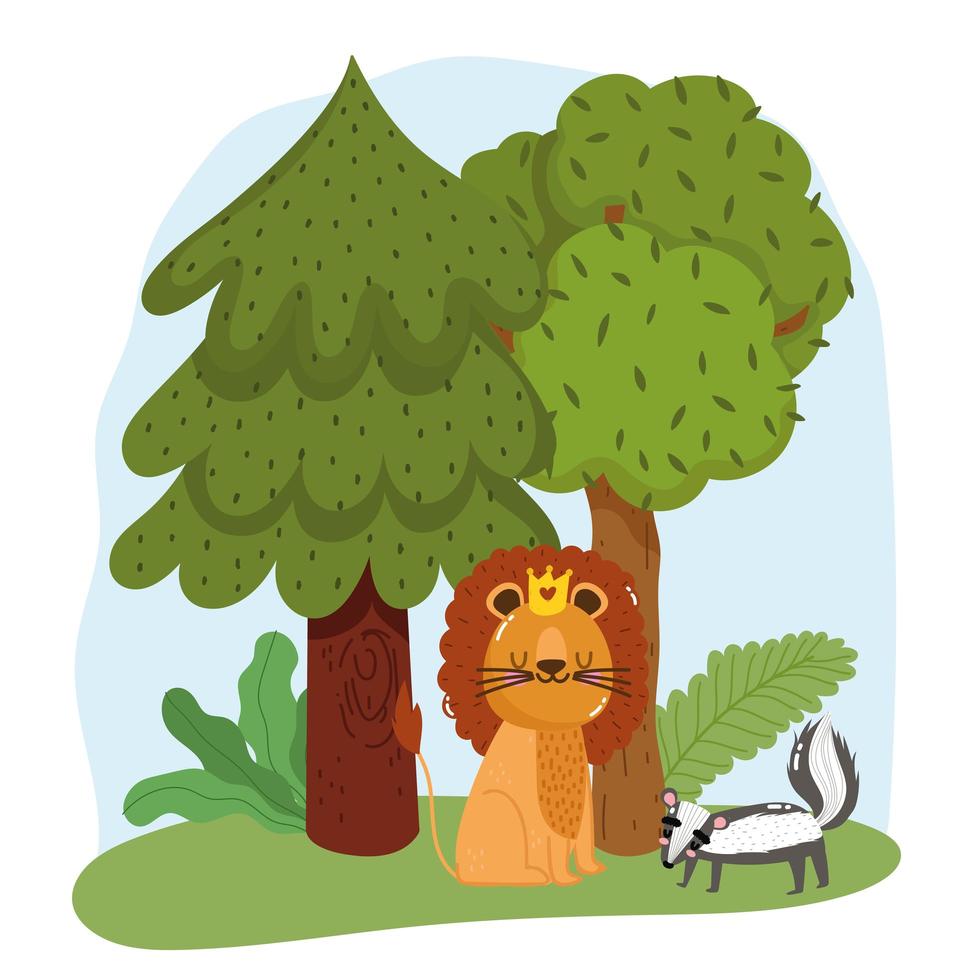 animais fofos leão e gambá grama floresta árvores natureza selvagem desenho animado vetor