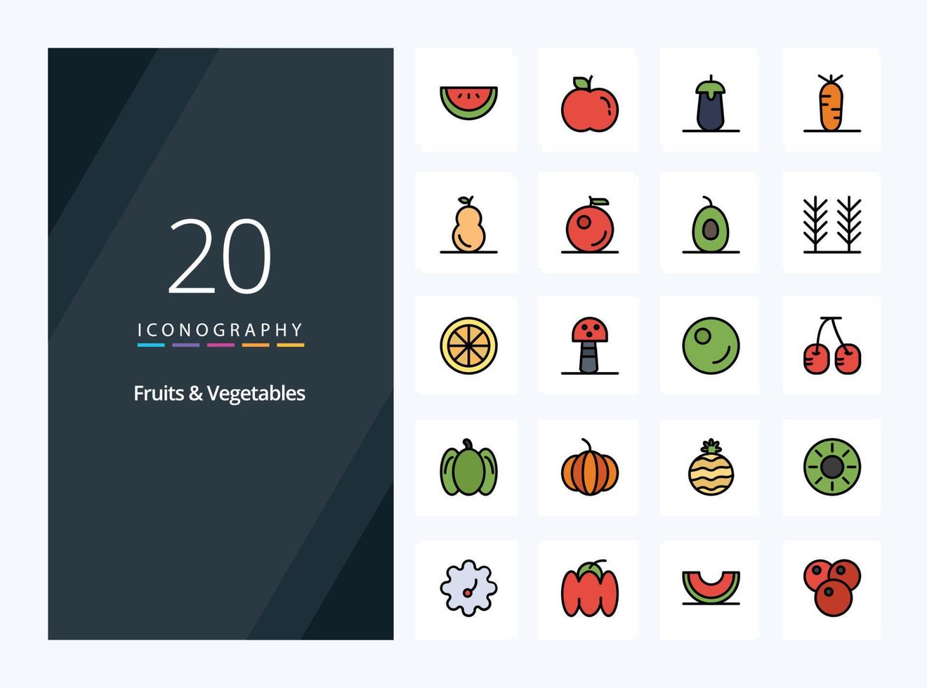 ícone cheio de linha de 20 frutas e legumes para apresentação vetor