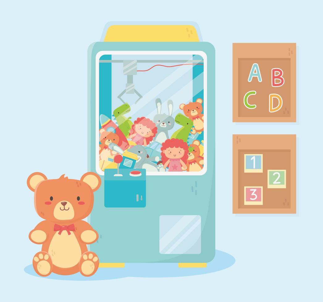 objetos de brinquedos infantis divertidos desenho animado teddy picker máquina alfabeto números placas vetor