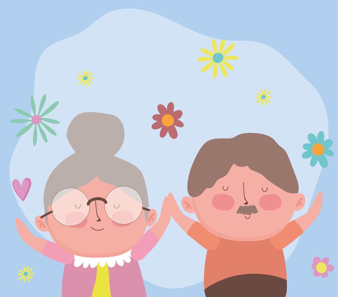 feliz dia dos avós, casal de idosos engraçado com desenho de flores vetor