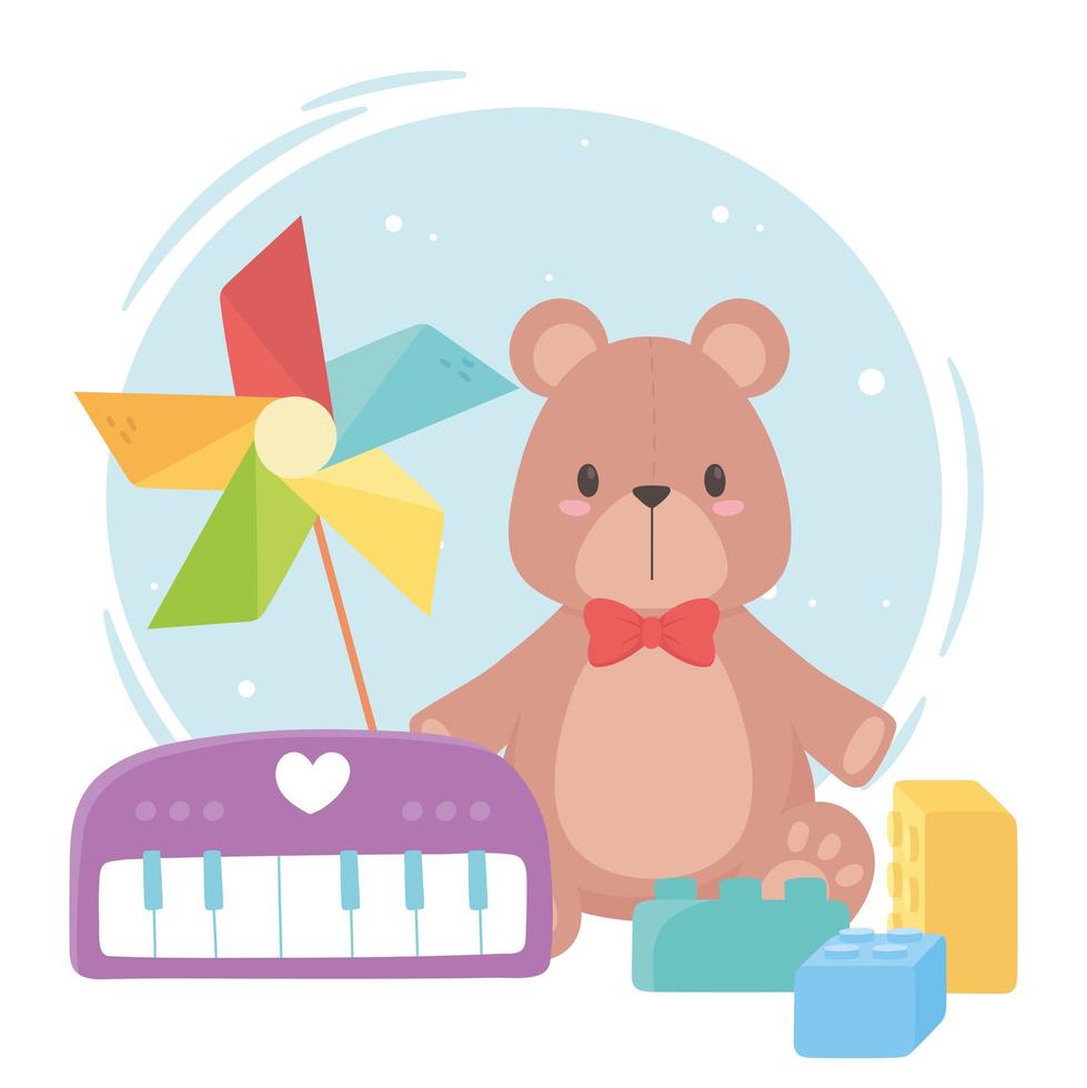 objetos de brinquedos infantis divertidos blocos cata-vento de piano e ursinho de pelúcia vetor