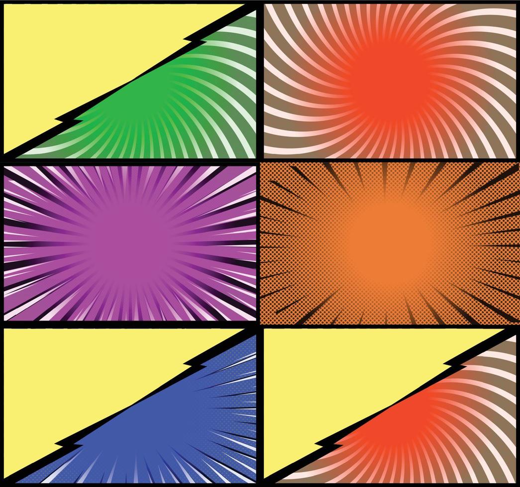 fundo de quadros coloridos de quadrinhos com raios de meio-tom radial e efeitos pontilhados estilo pop art vetor