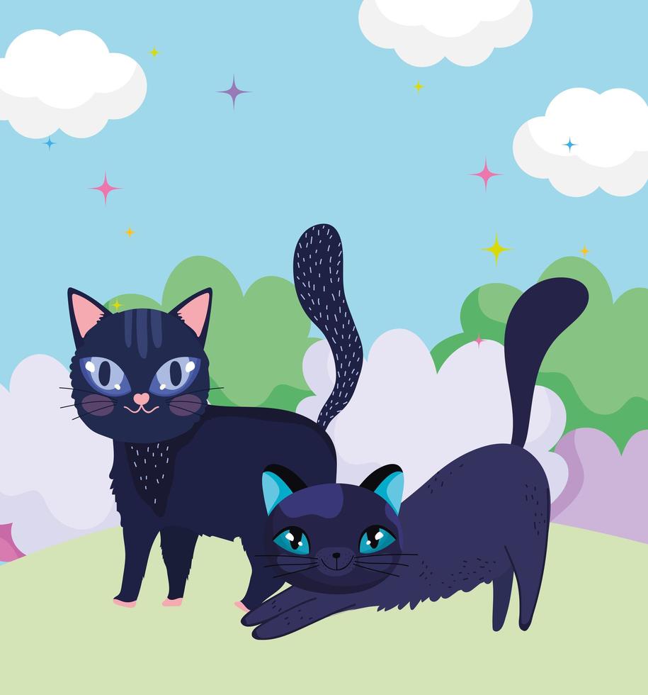 desenho animado gatos pretos na grama natureza paisagem animais de estimação vetor