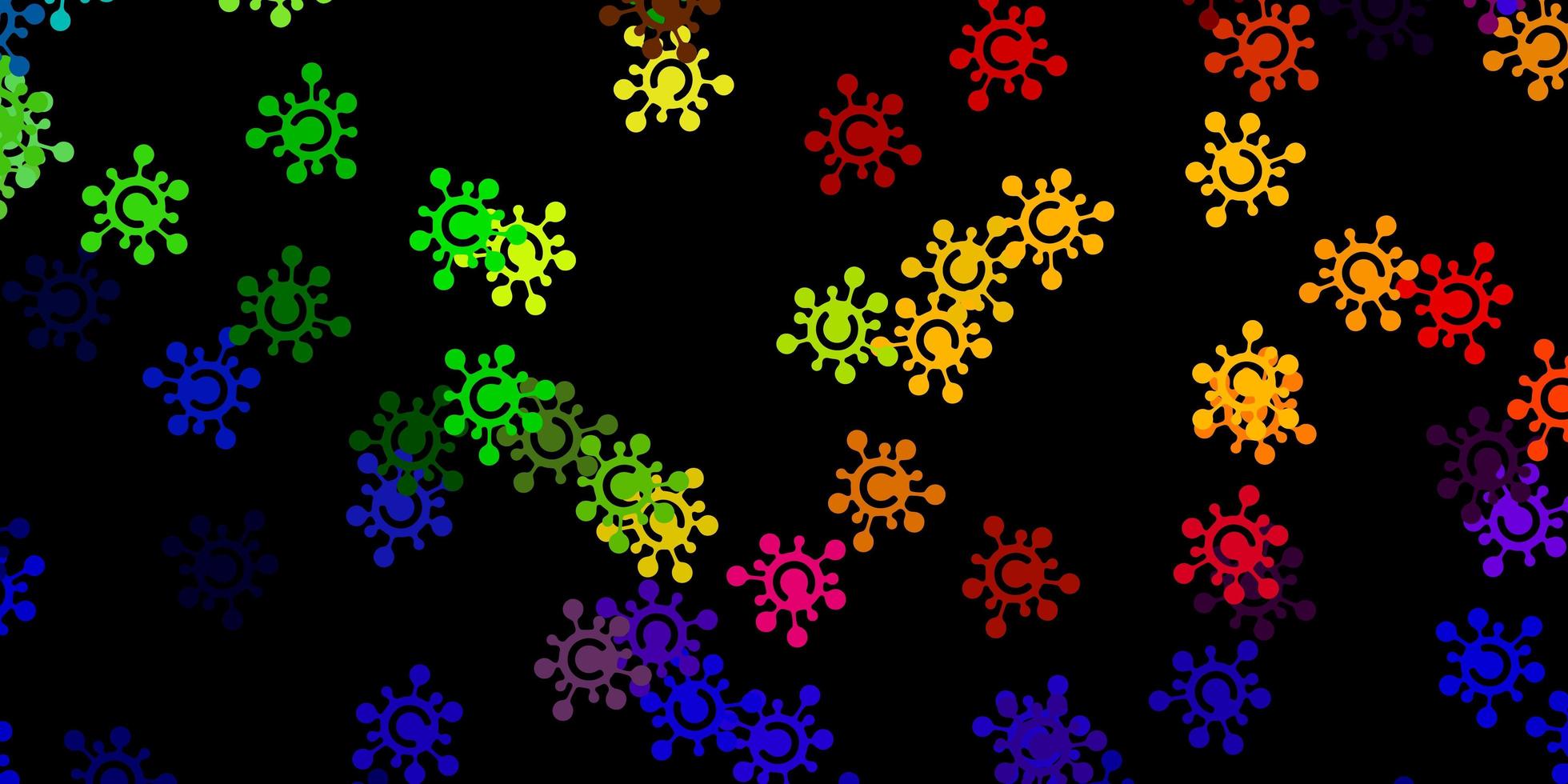 fundo escuro multicolorido com símbolos covid-19 vetor