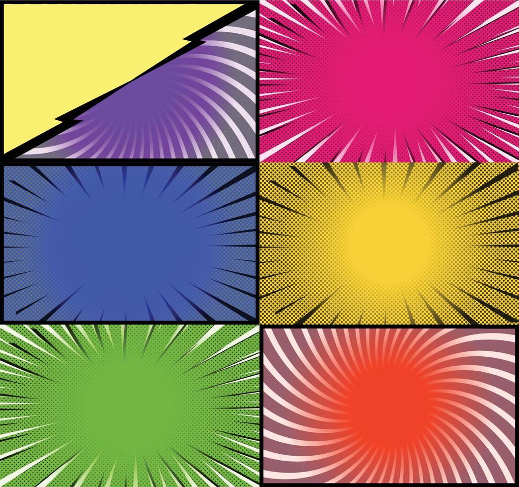 fundo de quadros coloridos de quadrinhos com raios de meio-tom radial e efeitos pontilhados estilo pop art vetor