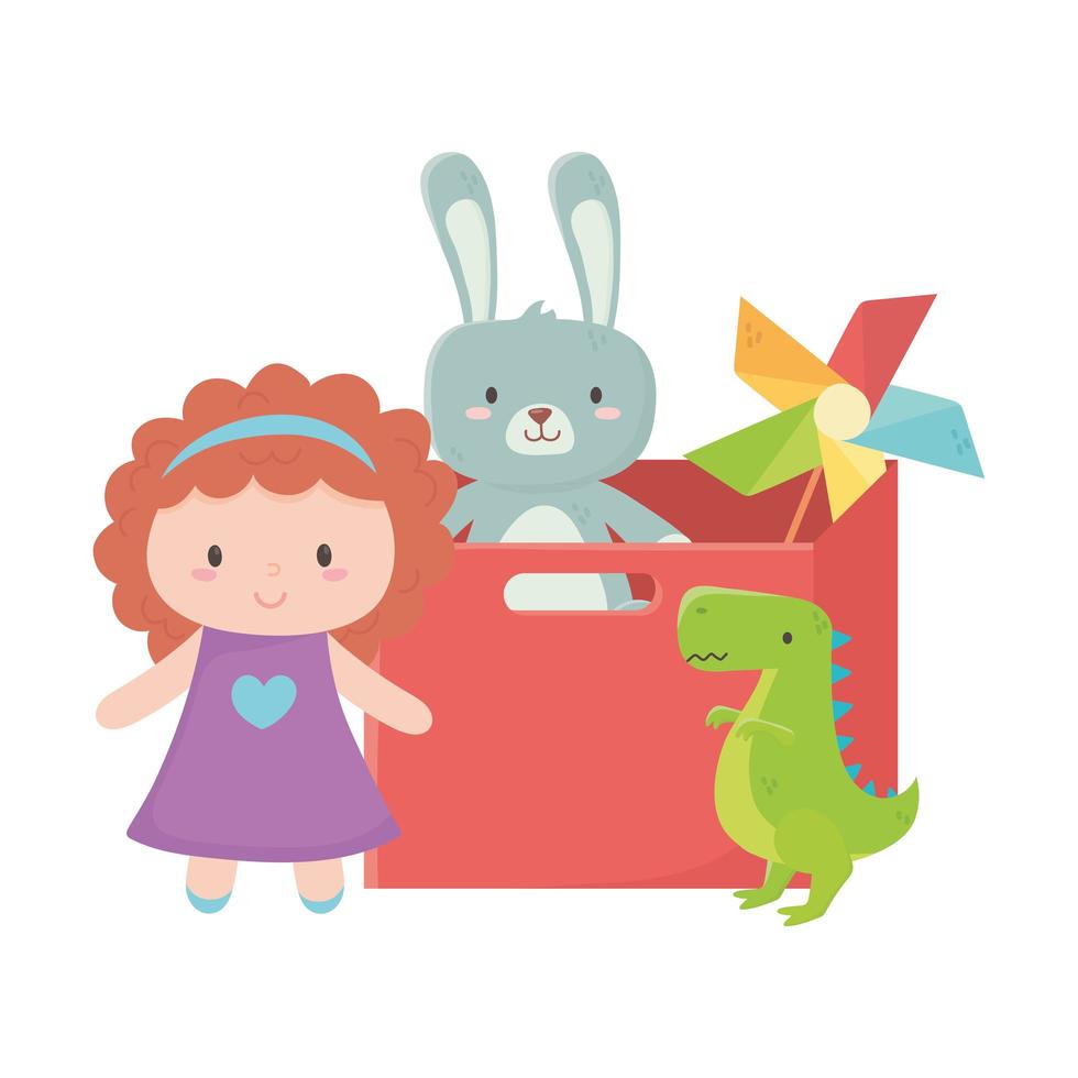 Objeto de brinquedos infantis caixa vermelha divertida de desenho animado com bola de dinossauro e boneca cata-vento vetor