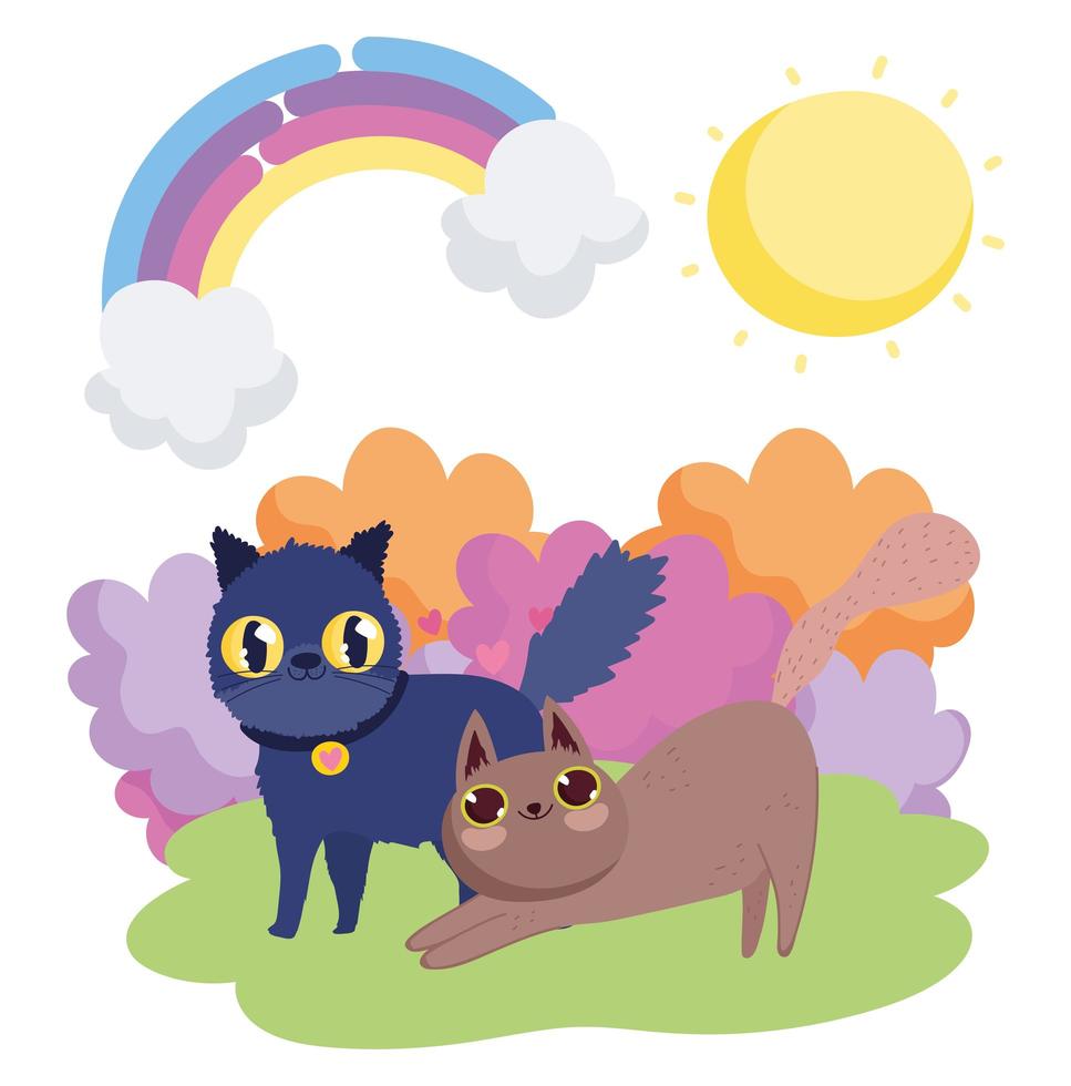 desenhos animados gatos pretos e marrons na grama céu animais de estimação vetor