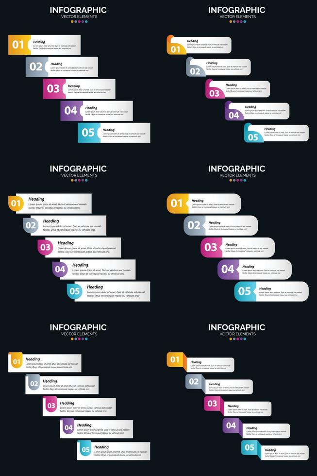 modelo de slide de apresentação de pacote de infográficos vetor 6 diagramas de ciclo de 5 etapas e linhas do tempo