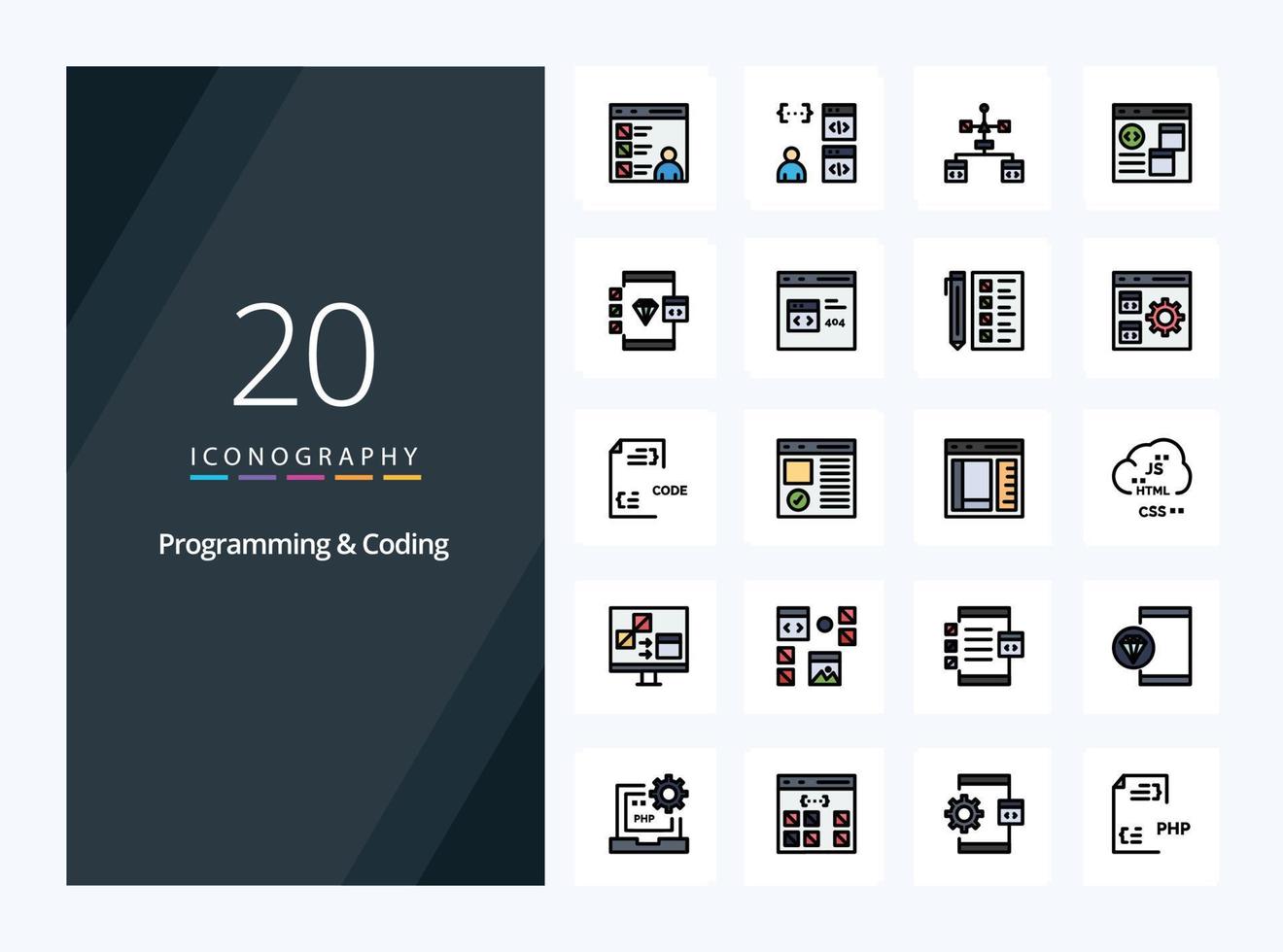 20 ícones preenchidos de linha de programação e codificação para apresentação vetor