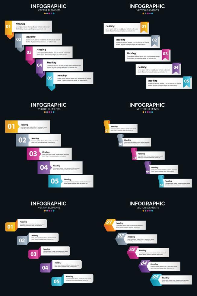 modelo de slide de apresentação de pacote de infográficos vetor 6 diagramas de ciclo de 5 etapas e linhas do tempo