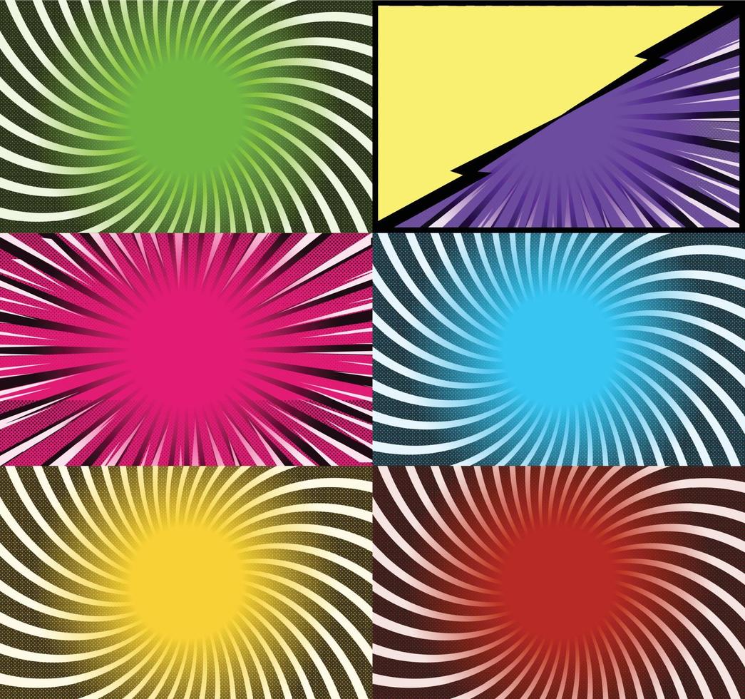 fundo de quadros coloridos de quadrinhos com raios de meio-tom radial e efeitos pontilhados estilo pop art vetor