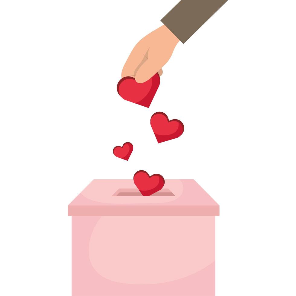 caixa de doação de caridade com a mão inserindo corações vetor