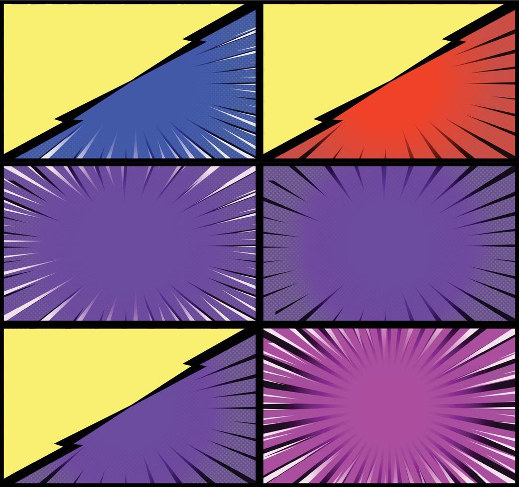 fundo de quadros coloridos de quadrinhos com raios de meio-tom radial e efeitos pontilhados estilo pop art vetor