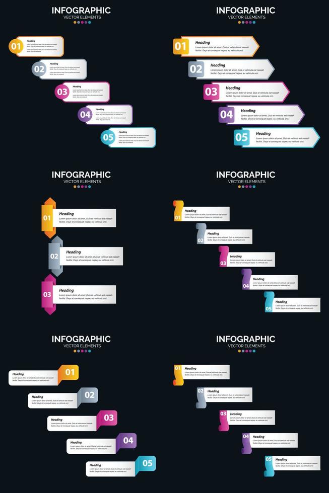 modelo de slide de apresentação de pacote de infográficos vetor 6 diagramas de ciclo de 5 etapas e linhas do tempo