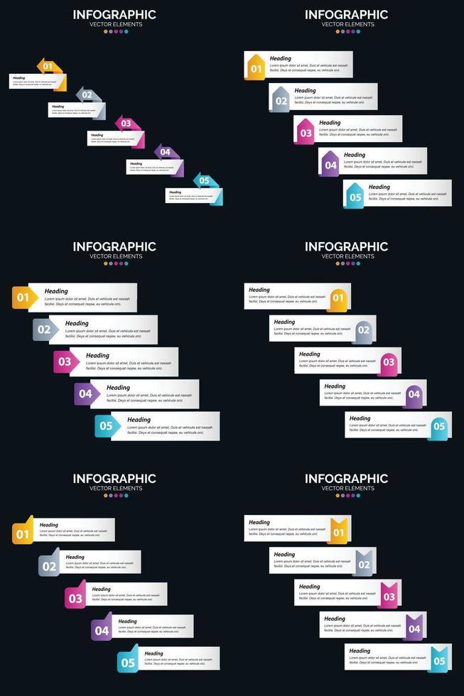 modelo de slide de apresentação de pacote de infográficos vetor 6 diagramas de ciclo de 5 etapas e linhas do tempo