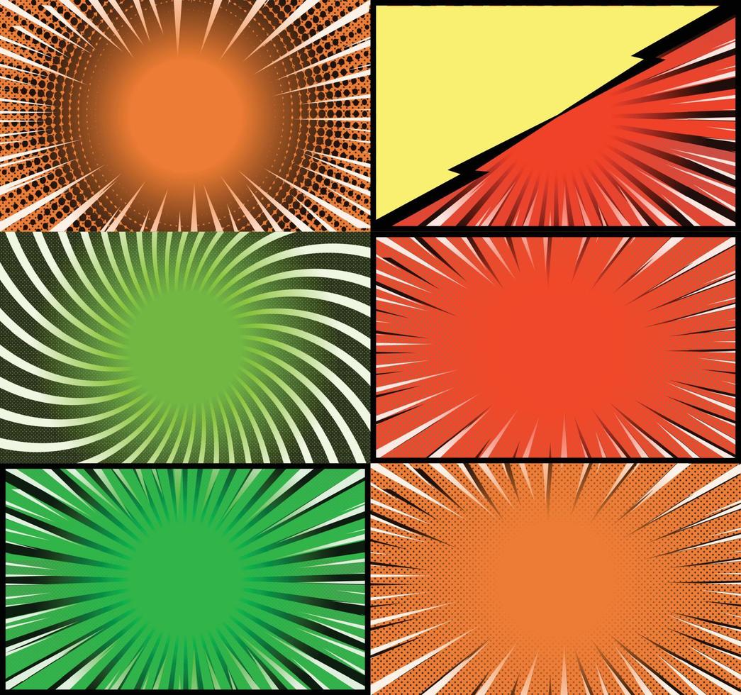 fundo de quadros coloridos de quadrinhos com raios de meio-tom radial e efeitos pontilhados estilo pop art vetor