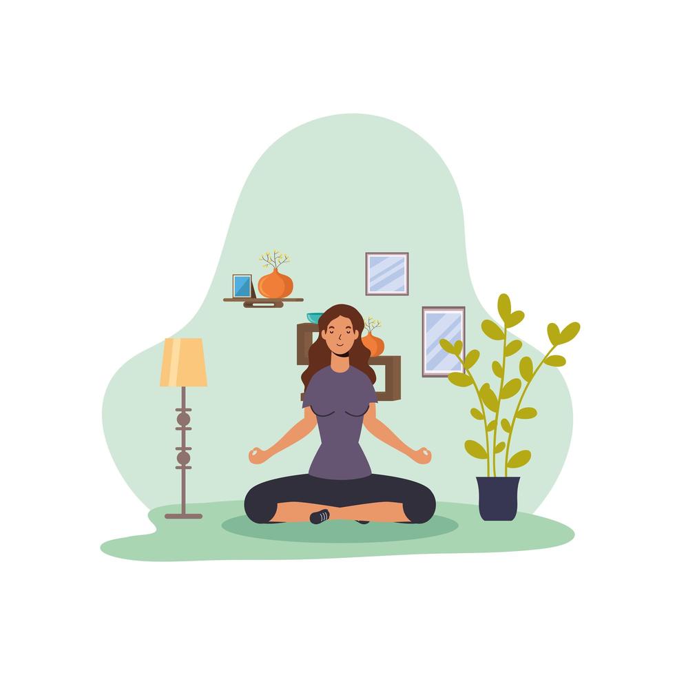 mulher praticando ioga em casa vetor