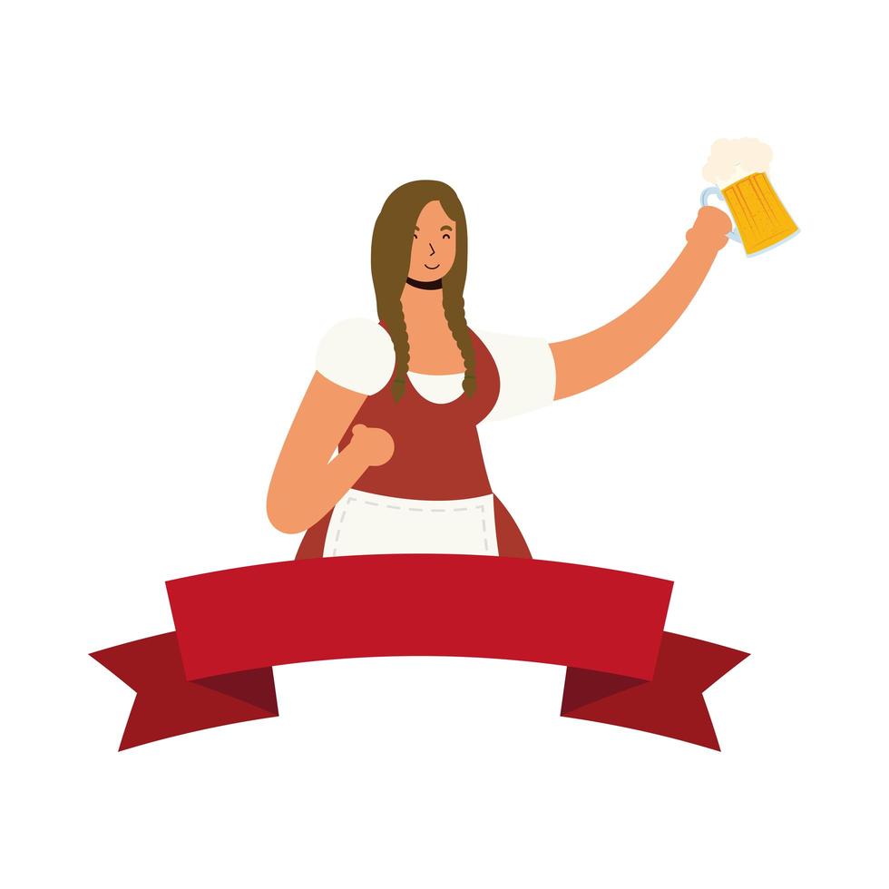 linda mulher alemã bebendo cerveja personagem moldura de fita vetor