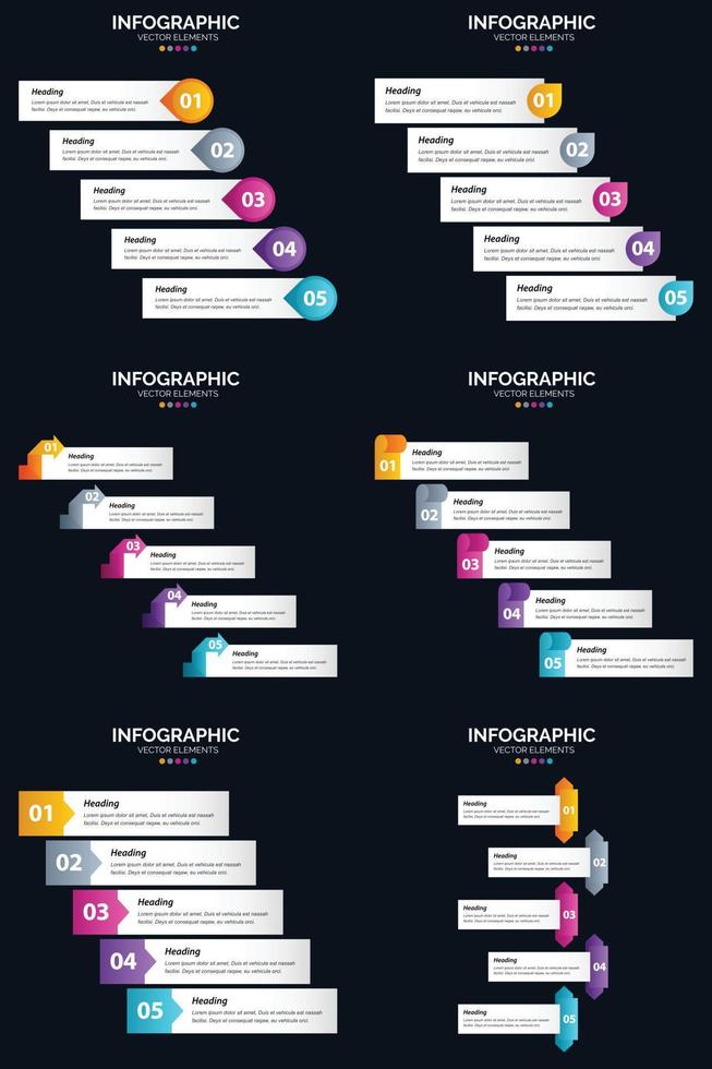 modelo de slide de apresentação de pacote de infográficos vetor 6 diagramas de ciclo de 5 etapas e linhas do tempo