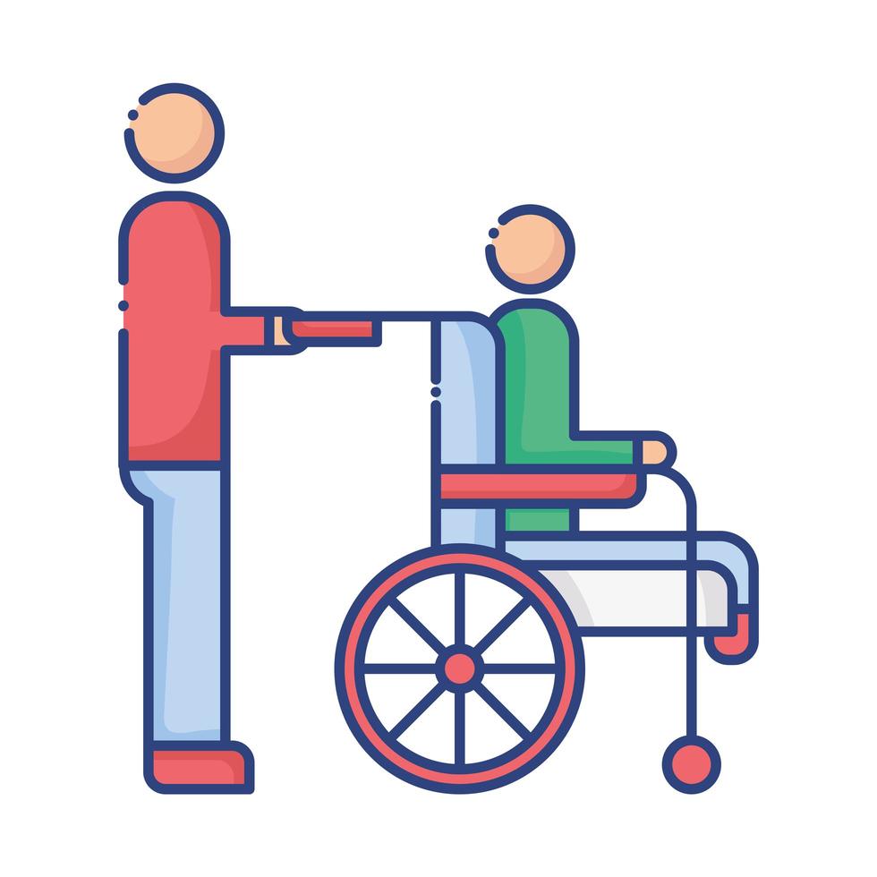 ícone de estilo plano auxiliar com homem em cadeira de rodas vetor