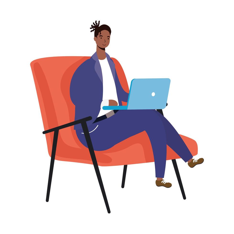 homem africano usando laptop sentado no sofá vetor