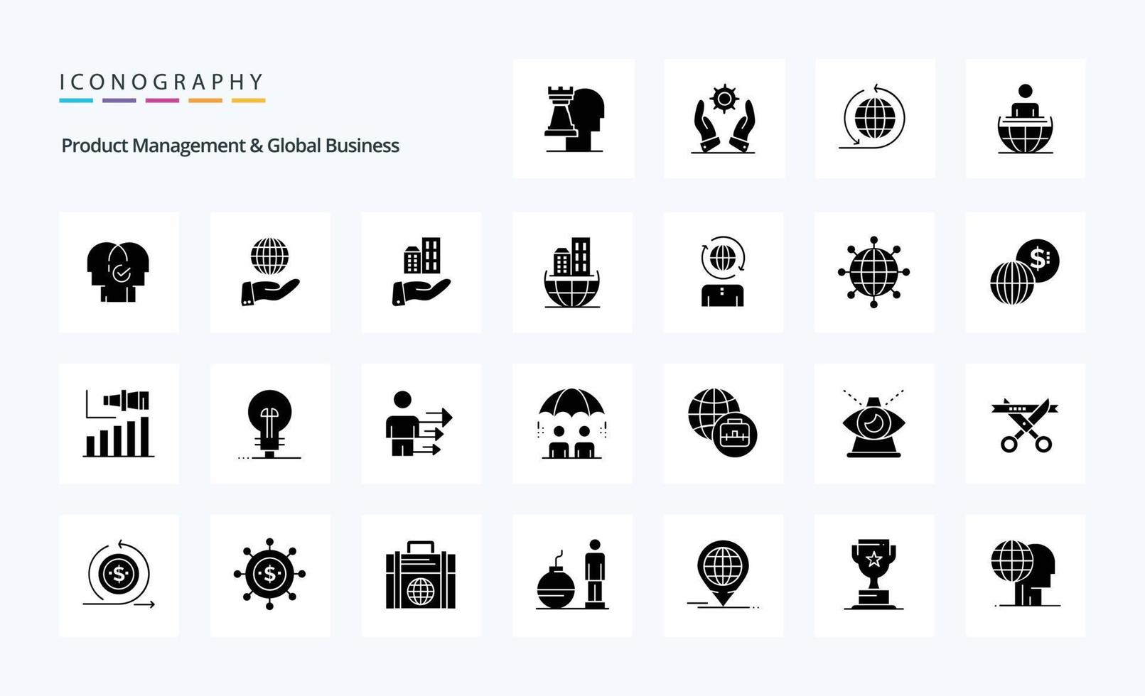 25 gerenciamento de produtos e pacote de ícones de glifos sólidos de negócios globais vetor