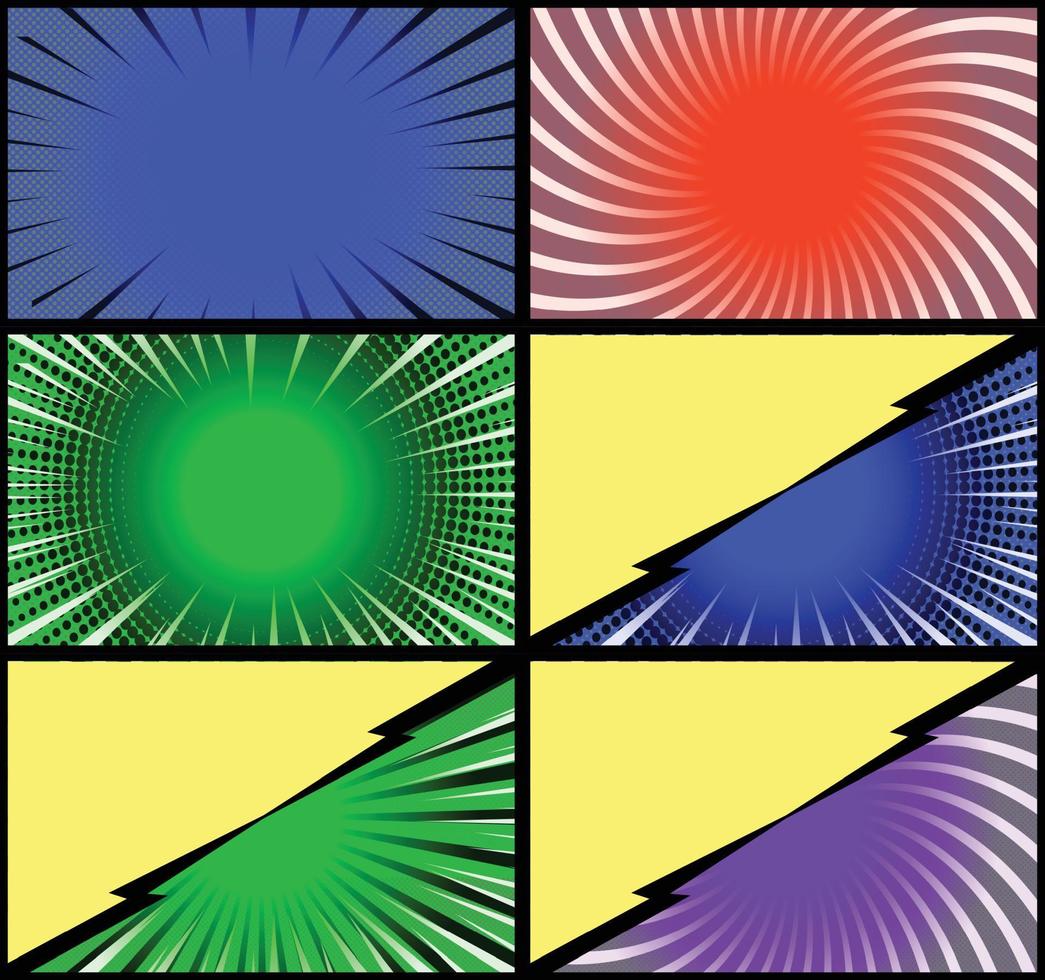 fundo de quadros coloridos de quadrinhos com raios de meio-tom radial e efeitos pontilhados estilo pop art vetor