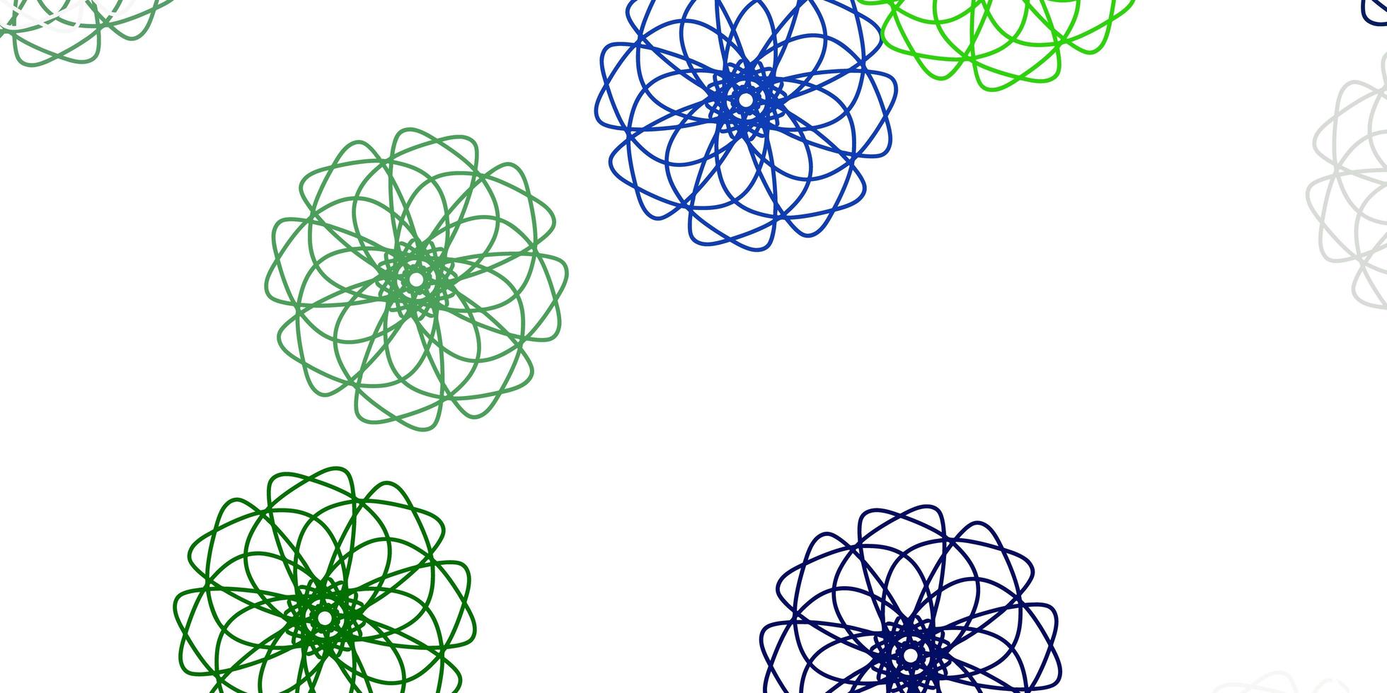 fundo do doodle do vetor azul e verde claro com flores.