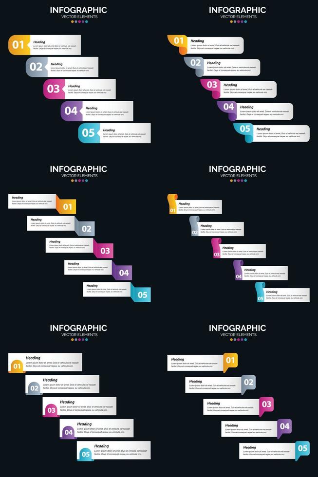 modelo de slide de apresentação de pacote de infográficos vetor 6 diagramas de ciclo de 5 etapas e linhas do tempo