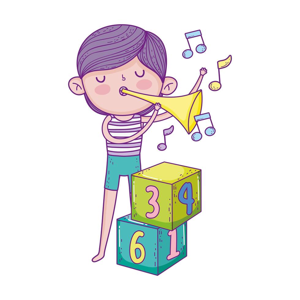 feliz dia das crianças, menino brincando com trompete musical no parque vetor