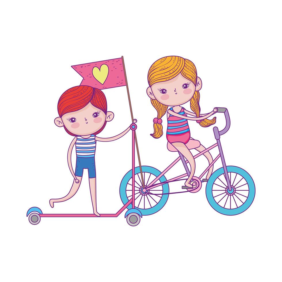 feliz dia das crianças, menino andando de scooter e menina com bicicleta ao ar livre vetor