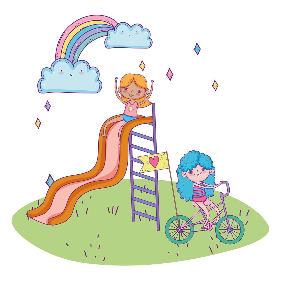 feliz dia das crianças, menina brincando no slide e menina andando de bicicleta no parque vetor