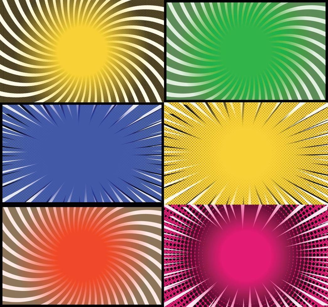 fundo de quadros coloridos de quadrinhos com raios de meio-tom radial e efeitos pontilhados estilo pop art vetor