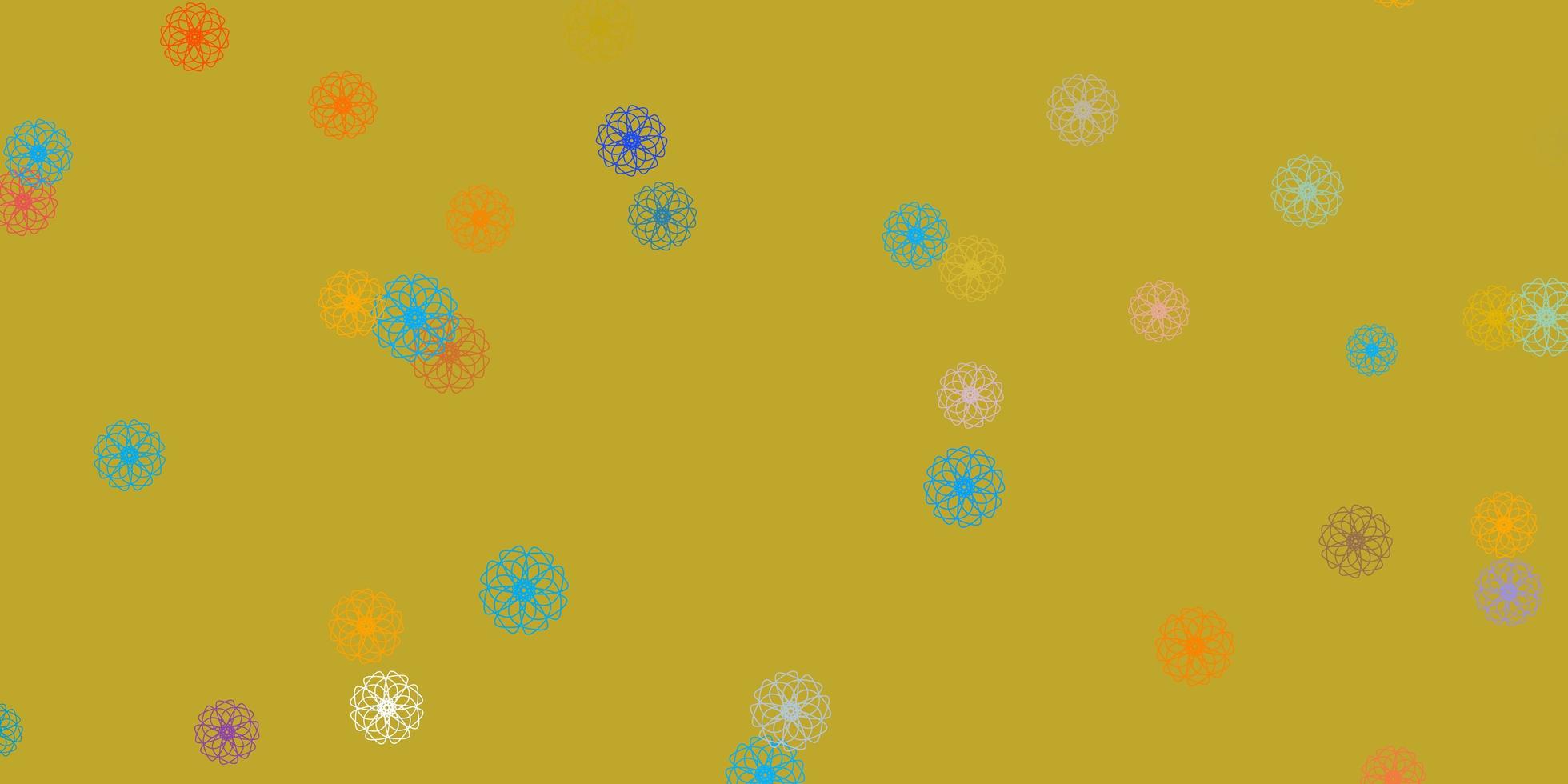 textura de doodle de vetor azul e amarelo claro com flores.