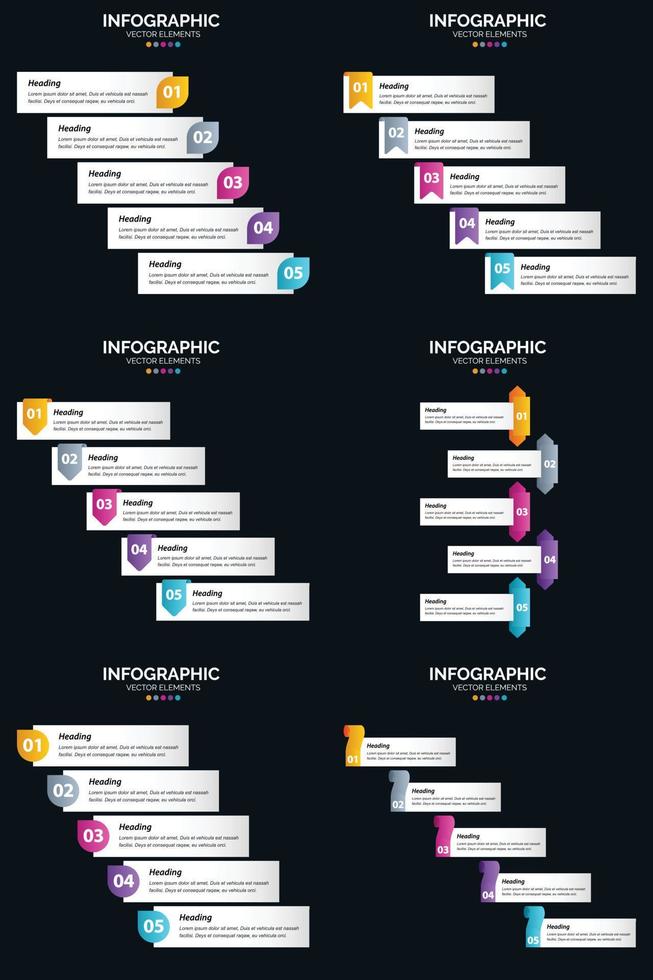 modelo de slide de apresentação de pacote de infográficos vetor 6 diagramas de ciclo de 5 etapas e linhas do tempo