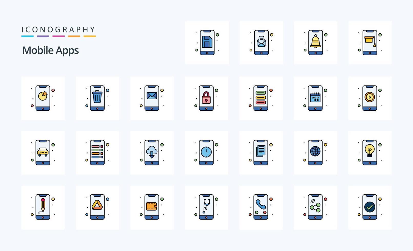 Pacote de ícones de estilo cheio de linha de 25 aplicativos móveis vetor