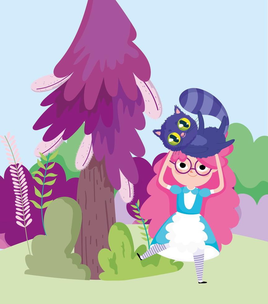 garota segurando um prado de arbustos de árvore de gato no país das maravilhas vetor