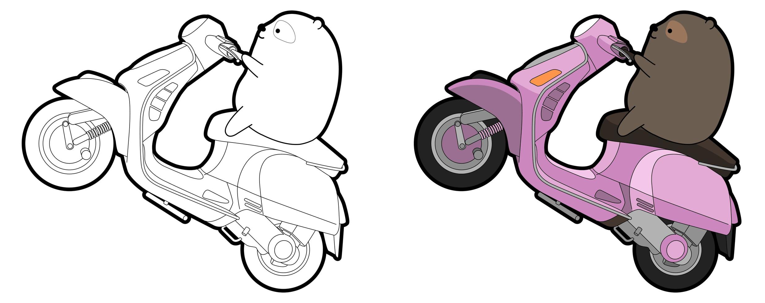 urso bonito está montando um desenho animado de moto para colorir facilmente para crianças vetor