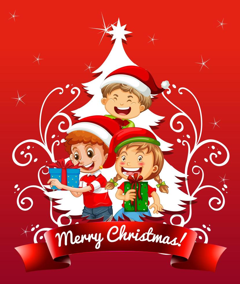 fonte de feliz natal com crianças vestindo fantasias de natal em fundo vermelho vetor