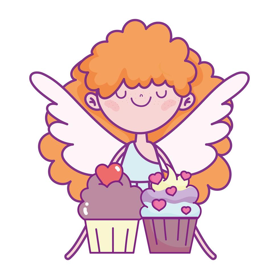 feliz dia dos namorados, cupido fofo com amor de cupcakes vetor